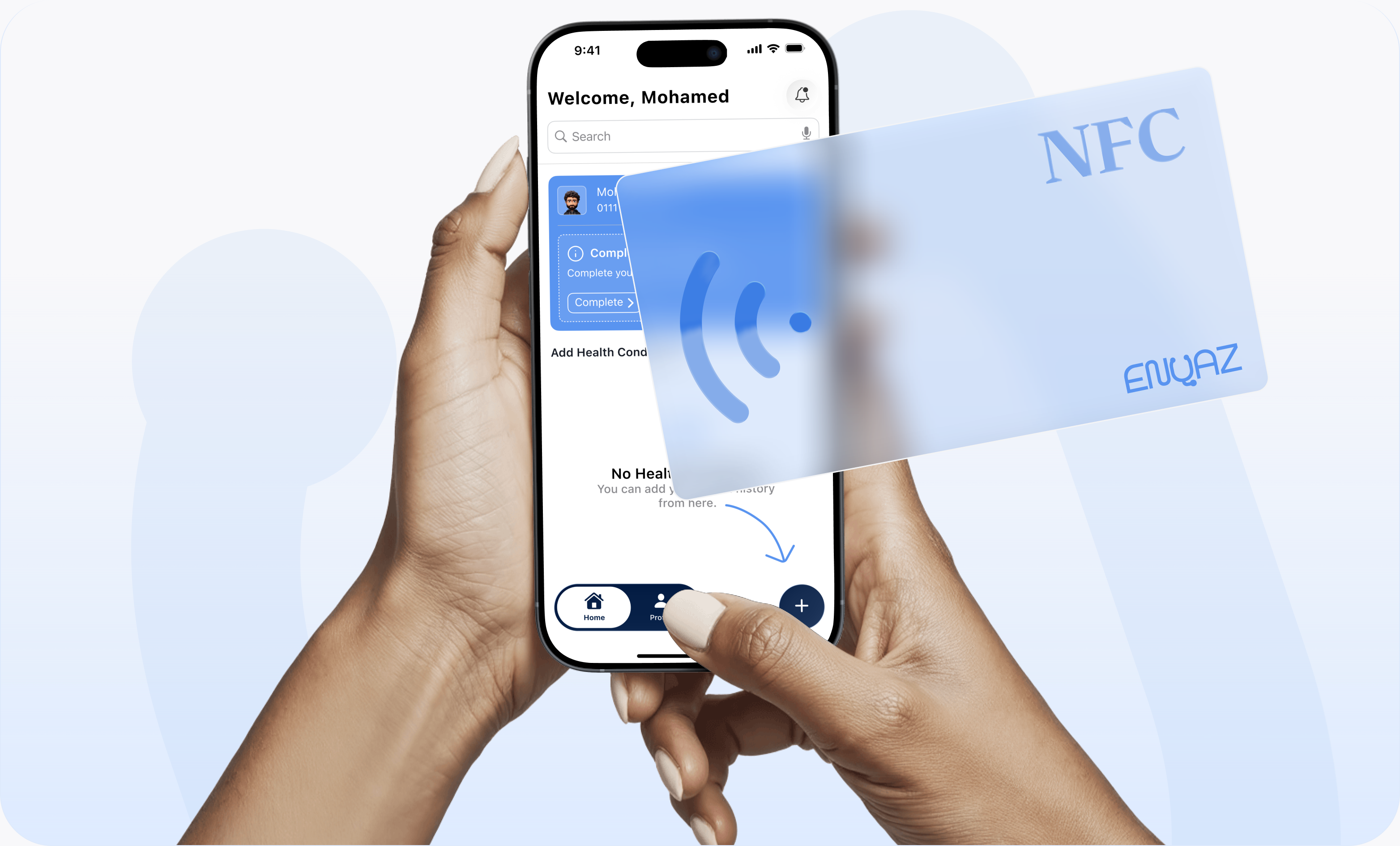 Hands holding the ENQAZ patient app with an NFC medical card